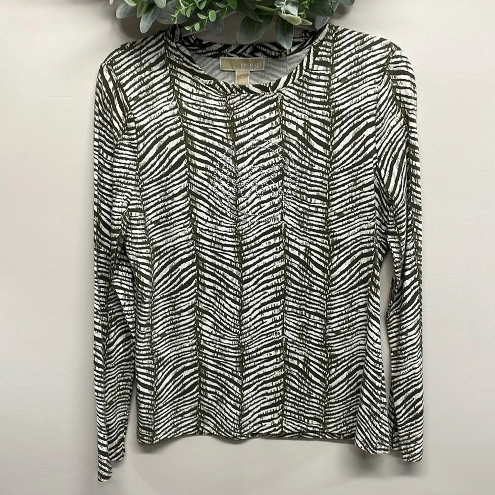 NWT MICHAEL Michael Kors Long Sleeve Zebra Print Bling Logo Top M